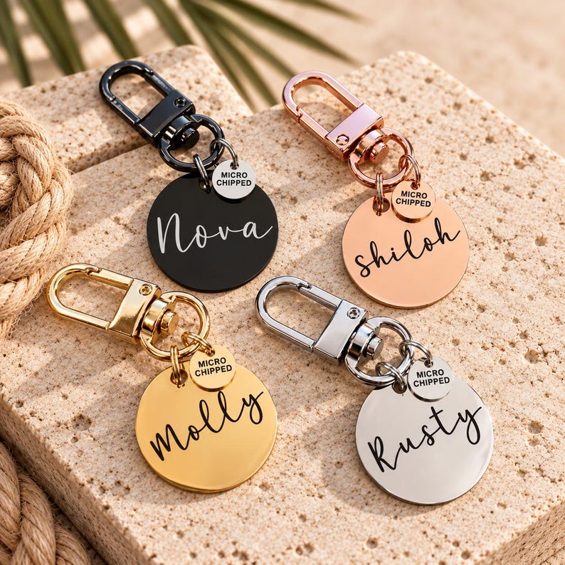 May include: Four circular metal pet ID tags with lobster claw clasps. Each tag features a name in script font and a smaller circular charm engraved with the text MICRO CHIPPED. The tags are finished in black, rose gold, gold, and silver tones.