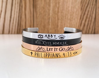 Personalized Cuff Bracelet, Gift For Her, Custom Jewelry, Custom Bracelet, Stacking Bangle Cuff, Birthday Gift, Inspirational Bracelet