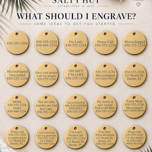 May include: A collection of twenty circular gold-toned metal pet identification tags arranged in four rows. Each tag features a small hole at the top and various engraved text examples including phone numbers, addresses, and phrases like I'm Lost.