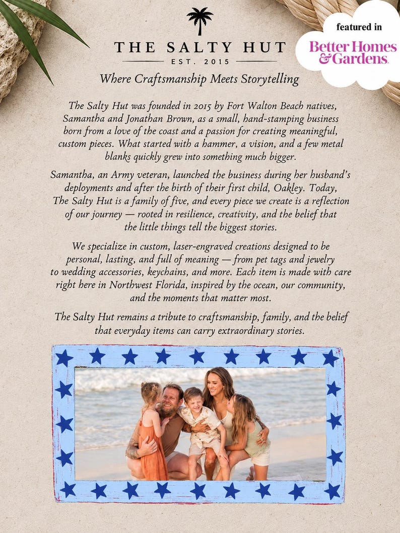 May include: A rectangular photo frame with a distressed light blue finish and dark blue stars along the border. The frame contains a photograph of a family of five on a beach. Above the frame is text detailing the history of The Salty Hut.
