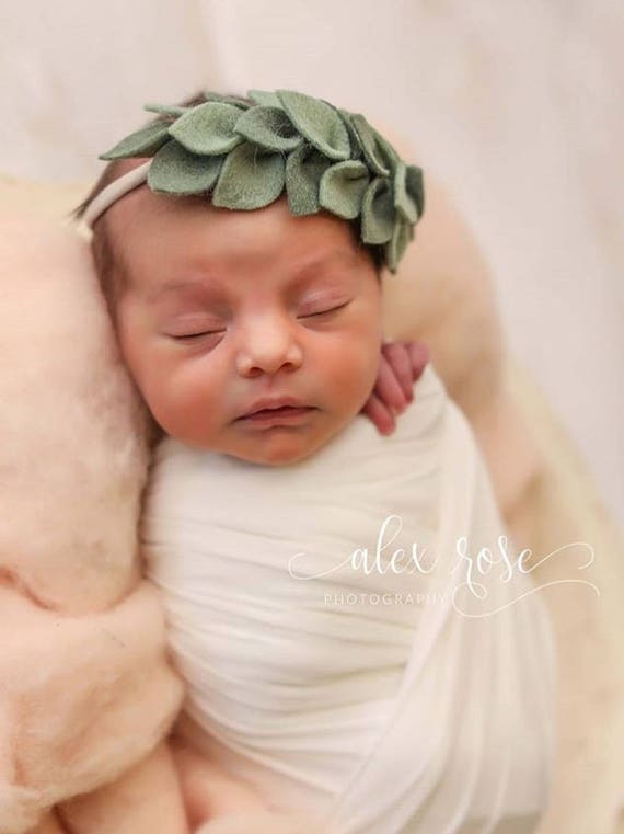 Felt Flower Headband, Newborn Headband, Baby Girl Headband, Green Leaf Crown, Leaf Headband, Vine Headband, Boho Baby Headband, Photo Prop Il_570xn
