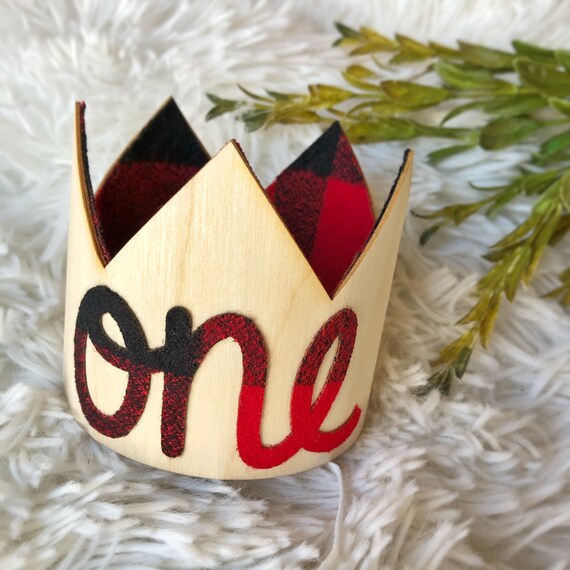 Buffalo Plaid Birthday Crown Party Hat- Lumberjack Camping 1st Birthday- Woodland First Birthday Crown- Real Wood Crown Il_570xn