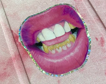 Grill Mouth Holographic Sticker, Waterproof Sticker for Hydroflask, Laptop, Car Bumper, Guitar, Skateboard, Suitcase, iPad Tablet, Sexy Pink