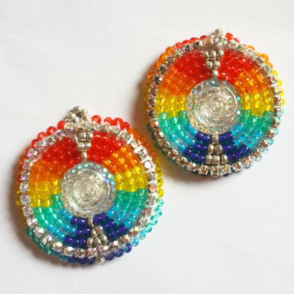 Native American Earrings, Rainbow Beaded Earrings, Beaded Earrings, Ojibwe Beadwork, Seed Bead Earrings, Leather Earrings, Regalia