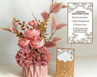 Artificial Blush Pink Faux Flower Arrangement with Vase and Custom Greeting Card | Valentine's Day gift | Home Decor