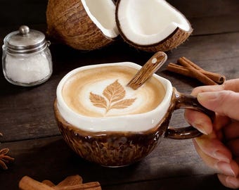Handmade Ceramic Coconut Mug - Tropical Drinkware for Coffee/Tea, Oatmeal & Fruit Bowls | NEW YEAR Holiday Gift for Kitchen Lovers