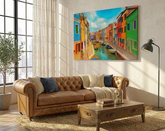Venice Canvas Wall Art - Colorful Canal House Print, Vibrant Canvas Prints for Living Room, Bedroom & Dining Room Decor