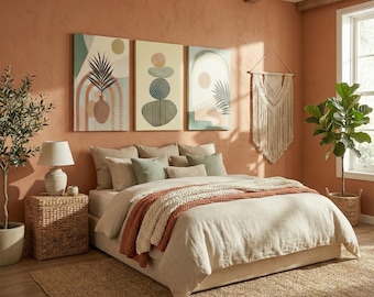 Boho Mid-Century Modern Wall Art Set of 3 - Abstract Canvas Prints for Living Room, Bedroom & Dining Room Decor