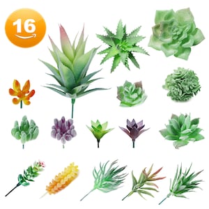 K&ouml;nnte beinhalten: Ein Set mit 16 k&uuml;nstlichen Sukkulenten in verschiedenen Farben und Stilen, darunter Gr&uuml;n, Lila und Orange. Die Pflanzen sind auf einem wei&szlig;en Hintergrund angeordnet.