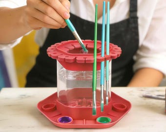 Portable All-in-One Paint Brush Cleaner |Gear Cup with Built-in Palette, Multi-Brush Holder & Drip Tray | Non-Spill for Acrylic Watercolor