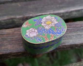 Green Cloisonn\u00e9 jewelry Trinket box with Cherry Blossom hand painted