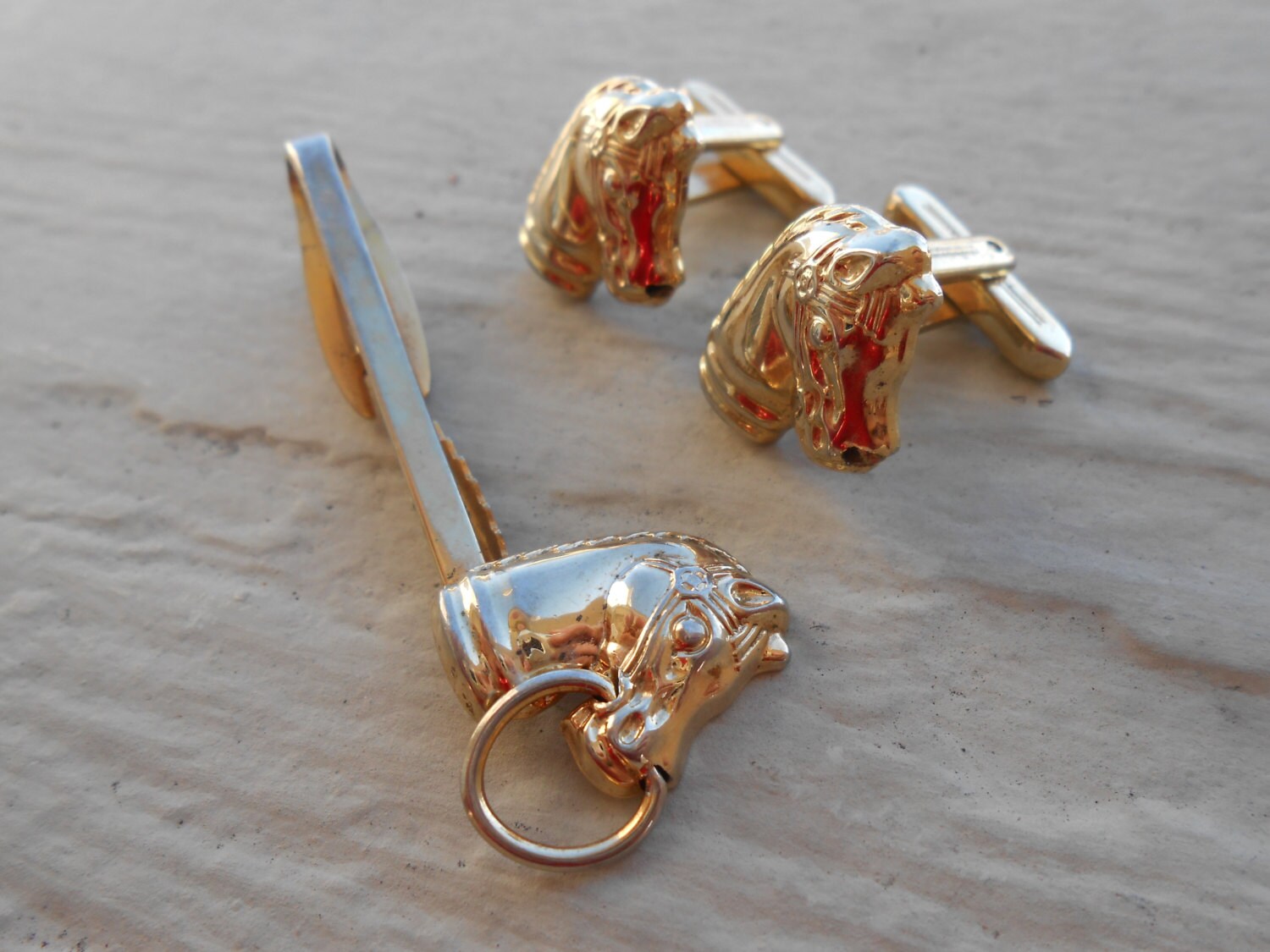 Boutons De Manchette Vintage Pince à Cravate - Thème Courses Chevaux Et Fer à Cheval - Occasion