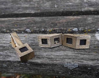 SALE:Vintage Abstract Black & Gold Cufflinks and Tie Clip Set. 1970s. Gift For Dad, Mom, Wife, Husband.