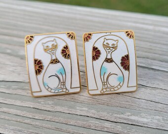 Orecchini vintage a forma di gatto, a clip. Regalo per mamma, sposa, damigella d'onore, matrimonio, anniversario, Natale, compleanno. Orecchini in cloisonné