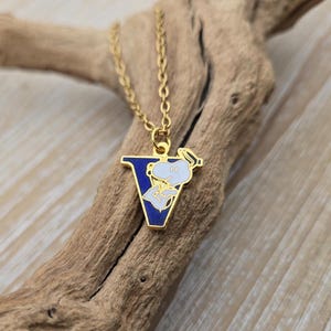 Peut inclure: Un collier doré avec un pendentif bleu et blanc en forme de lettre "V", orné d'un personnage de dessin animé. Le pendentif mesure environ 2,5 cm de haut. Le collier est présenté sur un morceau de bois flotté.