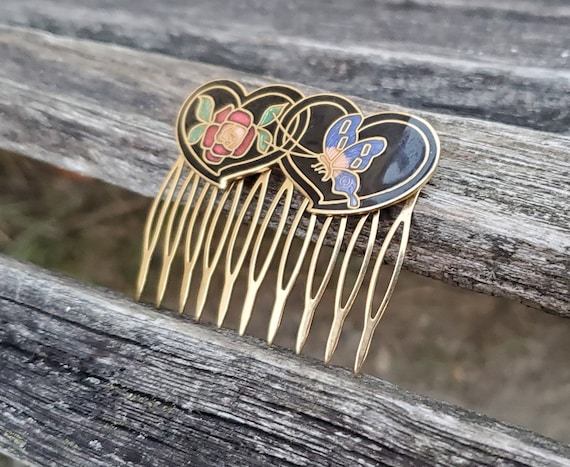 Vintage Rose & Butterfly Hair Comb. Cloisonne. We… - image 2