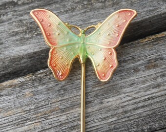Vintage Butterfly Pin. Enamel. 1980s. Gift For  Mom, Wife, Christmas. Coral Green & Ivory. Anniversary