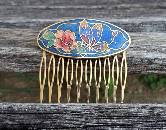 Vintage Butterfly Hair Comb. Cloisonne. Wedding, … - image 1