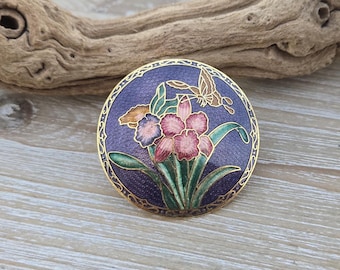 Vintage Scarf Clip. Lily And Butterfly Scarf Ring. Gift For Mom, Anniversary, Birthday, Bolo, Gift For Her, Purple Cloisonne