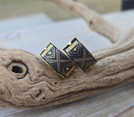 Vintage Damascene Earrings. Clip On. Gift For Mom, Bride, Bridesmaid, Wedding, Anniversary, Christmas, Birthday, Mother's Day.