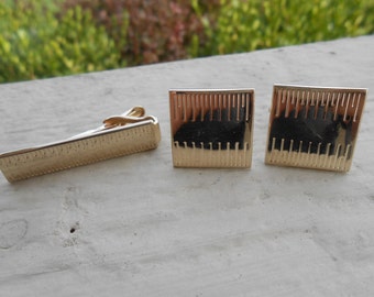 Vintage Gold Cufflinks & Tie Clip Set. Gift For Dad, Anniversary, Birthday, Groom