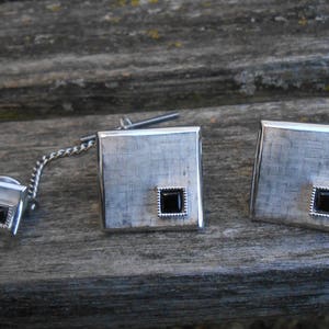 Vintage Silver Onyx Cufflinks & Tie Tack. Gift For Dad, Groom, Groomsmen, Wedding, Birthday, Anniversary, Christmas.