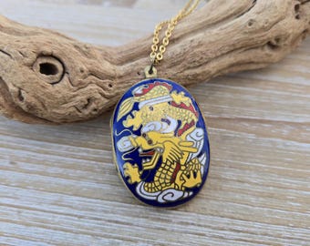 Vintage Dragon Locket. Cloisonne Locket. Gift For Mom, Anniversary, Christmas, Birthday, Mother's Day. Gifts For Her. Pill Box Necklace