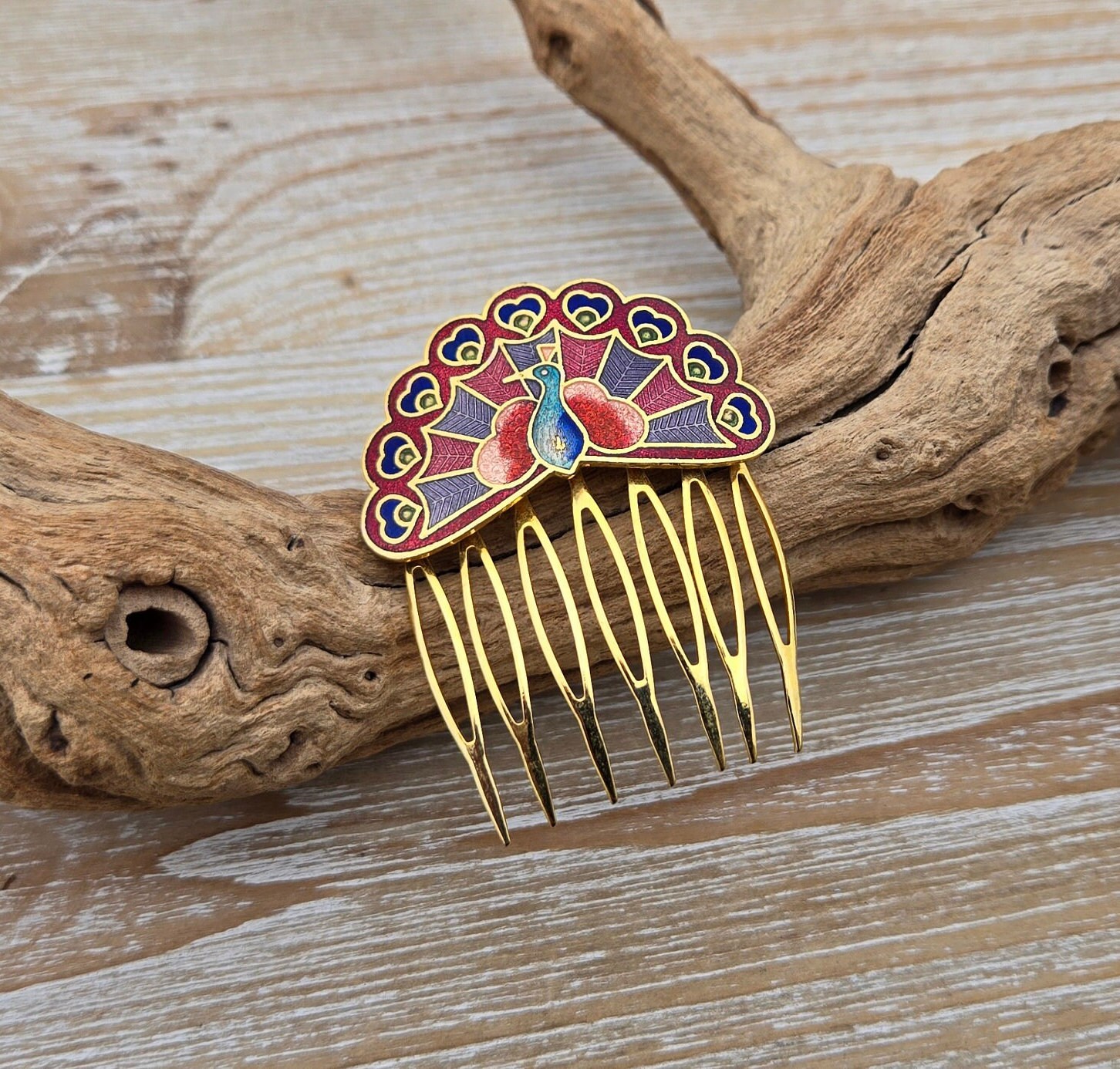 Vintage Cloisonné Peacock Hair Comb Vintage Cloisonne Hair Comb, Peacock Comb, Decorative Gold  main image 4
