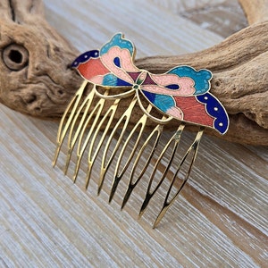 Vintage Butterfly Hair Comb. Cloisonne. Wedding, Anniversary 
