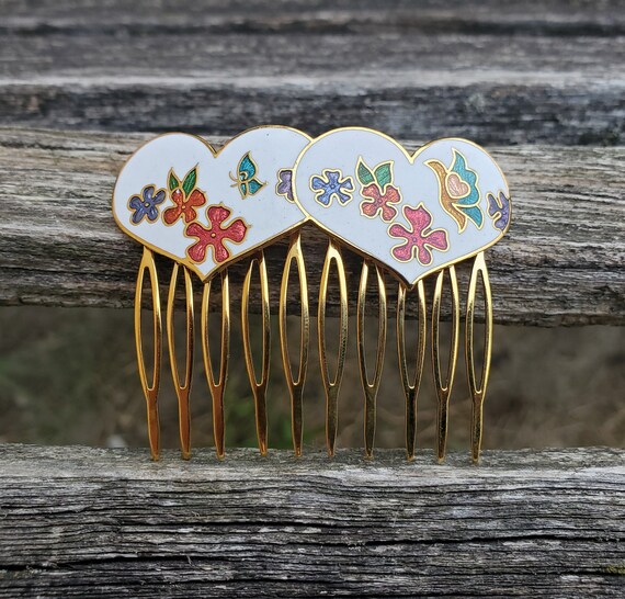 Vintage Cloisonné Butterfly Heart & Flower Hair Combs Vintage Cloisonné Enamel Floral Butterfly Hair Comb - Etsy main image 2