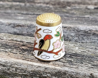 Vintage Cloisonne Thimble. Cherry Blossom, Birds. Gift For Mom, Anniversary, Birthday, Collectable