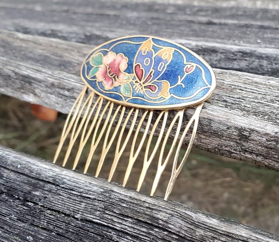 Vintage Butterfly Hair Comb. Cloisonne. Wedding, … - image 4