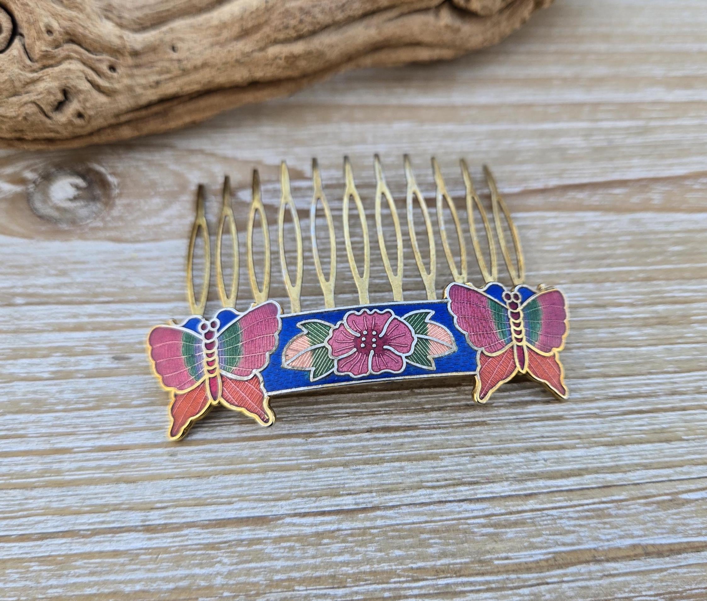 Vintage Butterfly Hair Comb. Cloisonne. Wedding, Anniversary  display picture 2
