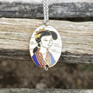 Vintage Geisha Necklace. Cloisonne Pendant. Gift For Mom, Anniversary, Christmas, Birthday, Mother&#39;s Day.