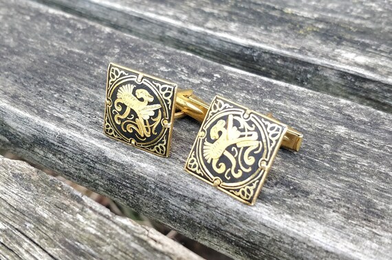 Boutons De Manchette Vintage Damascene Espagne - Ton Or Sur Fond Noir - Occasion Pour Homme
