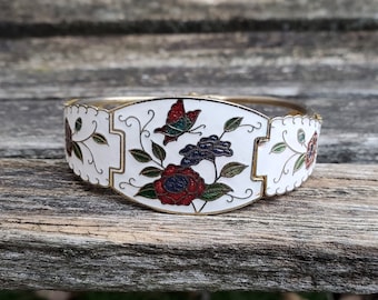 Vintage Cloisonne Bracelet. Roses & Butterfly. Gift For Mom, Bride, Bridesmaid, Wedding, Anniversary, Birthday, Christmas, Mother's Day.