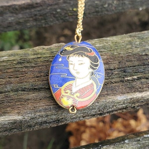 Vintage Geisha Necklace. Cloisonne Pendant. Gift For Mom, Anniversary, Christmas, Birthday, Mother&#39;s Day.