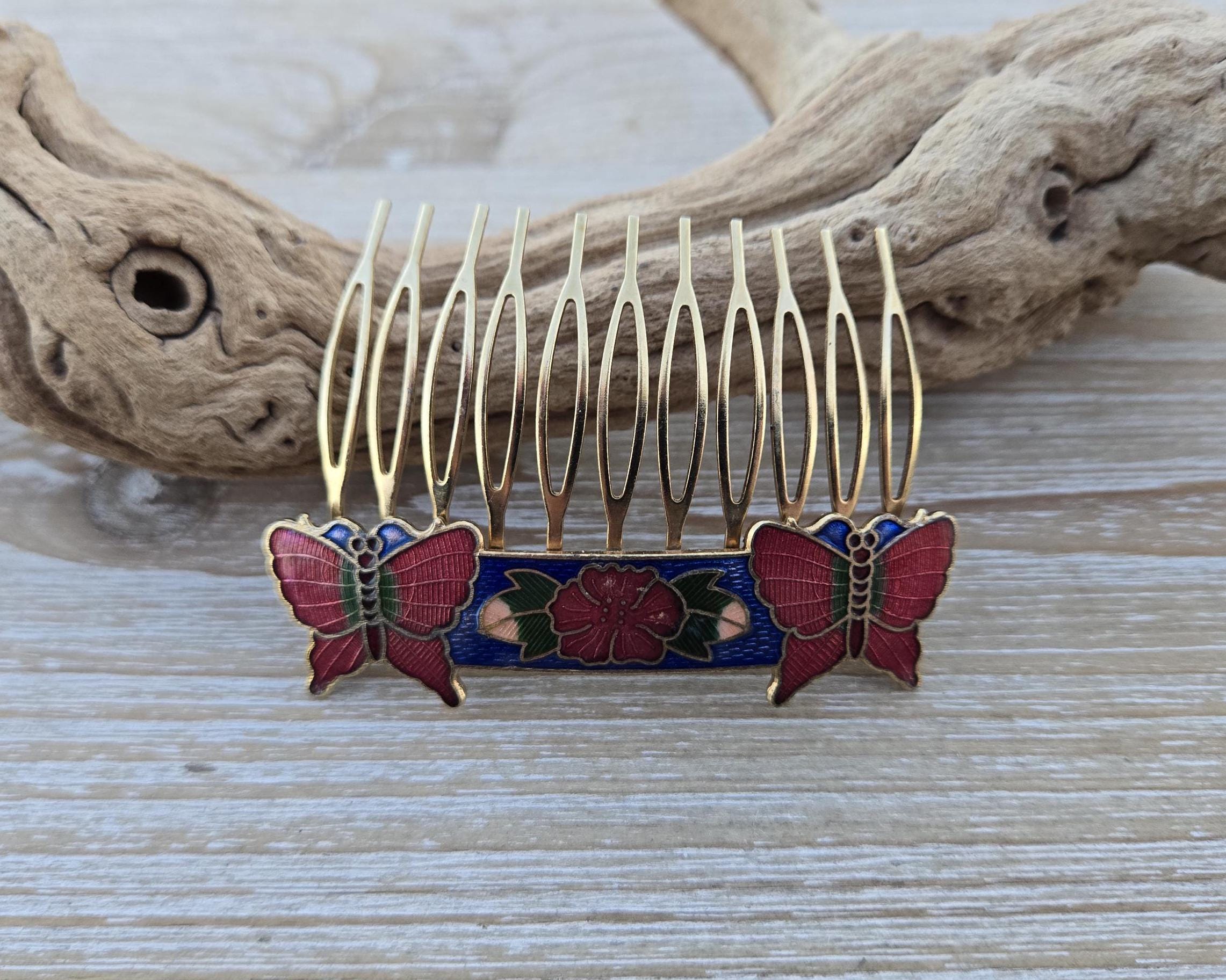 Vintage Butterfly Cloisonné Hair Combs Vintage Cloisonne Hair Comb, Gold Vintage Hair Comb  main image 4