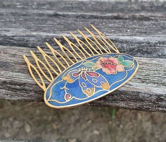 Vintage Butterfly Hair Comb. Cloisonne. Wedding, … - image 3