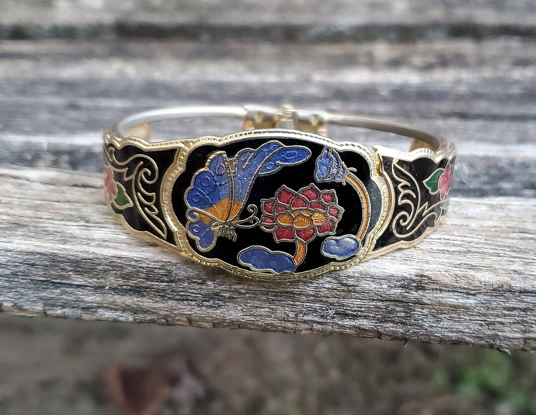 Vintage Cloisonne Bracelet. Flowers & Butterflies. Gift for Etsy