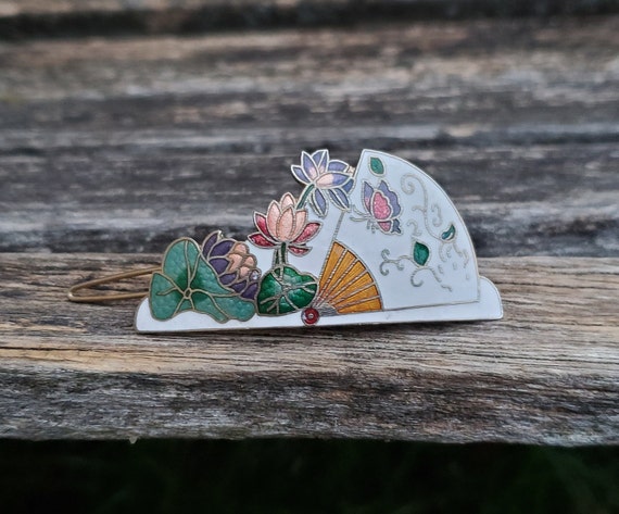 Vintage Lotus & Butterfly Hair Clip. Cloisonne. Wedding  display picture 1
