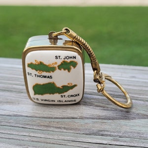 Chaveiro vintage com caixa de música das Ilhas Virgens. Presente para pai, mãe, aniversário, bodas de ouro, Natal. São Tomás