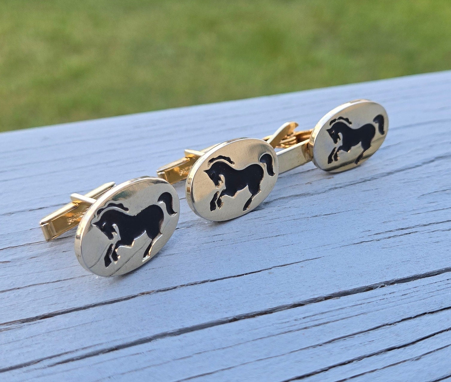 Boutons De Manchette Vintage Pince à Cravate - Motif Courses Chevaux Fer à Cheval Chanceux Style Western Hickock