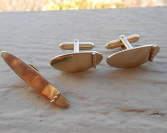 Vintage Gold Cufflinks & Tie Clip Set. Gift For Groom, Anniversary, Birthday, Dad, Wedding.