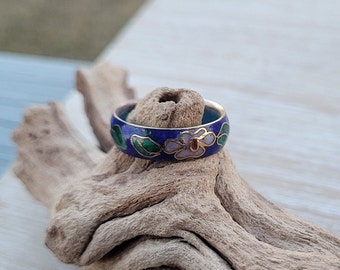 Vintage Cloisonne Ring. Blue, Size 7. Gift For Mom, Anniversary, Birthday, Christmas. Cherry Blossom Ring