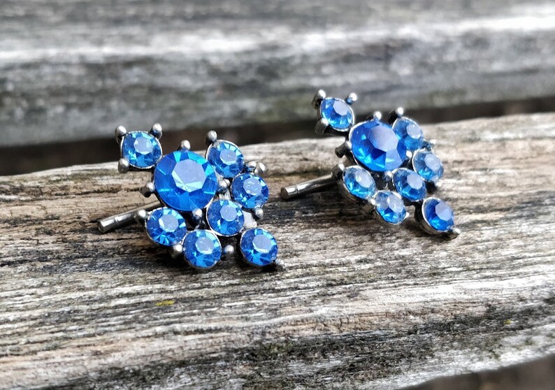 Groom Wedding Anniversary Glass Cufflinks Birthday Vintage Blue Rhinestone Cufflinks