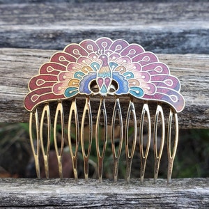 Vintage Cloisonné Peacock Hair Comb Vintage Cloisonne Hair Comb, Peacock Comb, Decorative Gold  main image 3