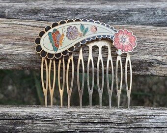 Vintage Butterfly Hair Comb. Cloisonne. Wedding, Anniversary, Birthday, Bridal.