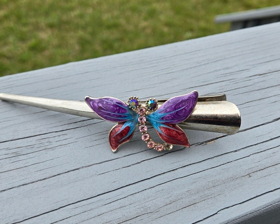 Vintage Cloisonné Butterfly Hair Clips - Blue, Teal, Red Vintage Cloisonne Hair Barrette: Enamel Butterfly & Floral  main image 3