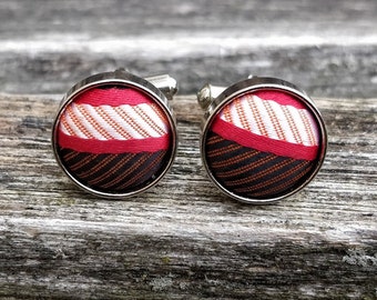 Vintage Red & Orange Fabric Cufflinks. Gift For Dad, Groom, Groomsmen, Wedding, Anniversary, Birthday, Christmas, Father's Day.